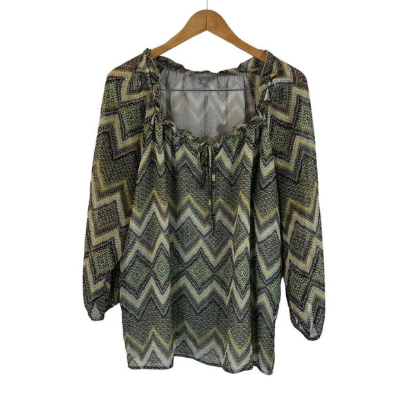 NY Collection Chevron Striped Blouse XL 3/4 Balloon Sleeves Colorful Ruffle Neck - Picture 1 of 9